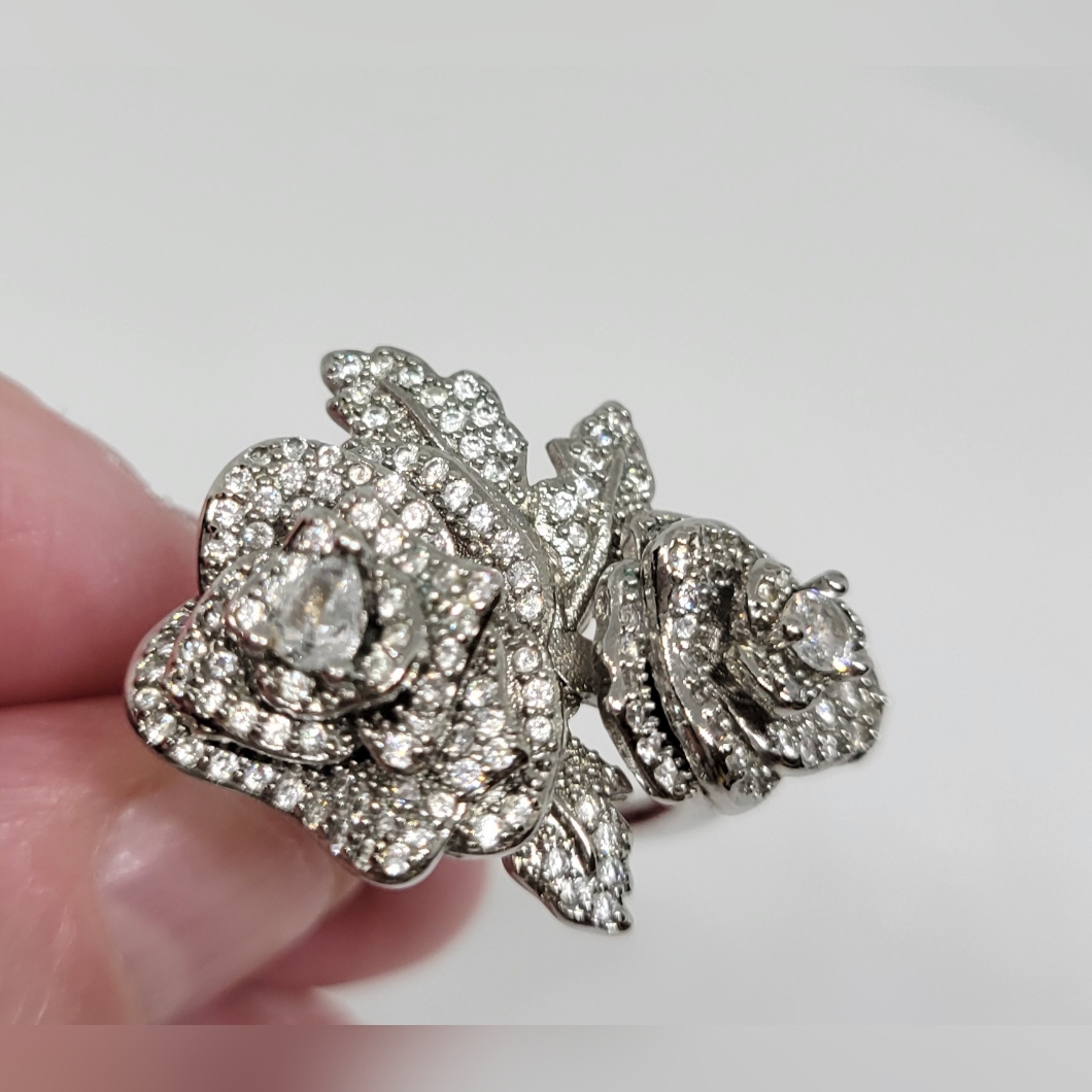 Silver Rose-Shaped Statement Ring With Pav-Cubic Zirconia 8.5